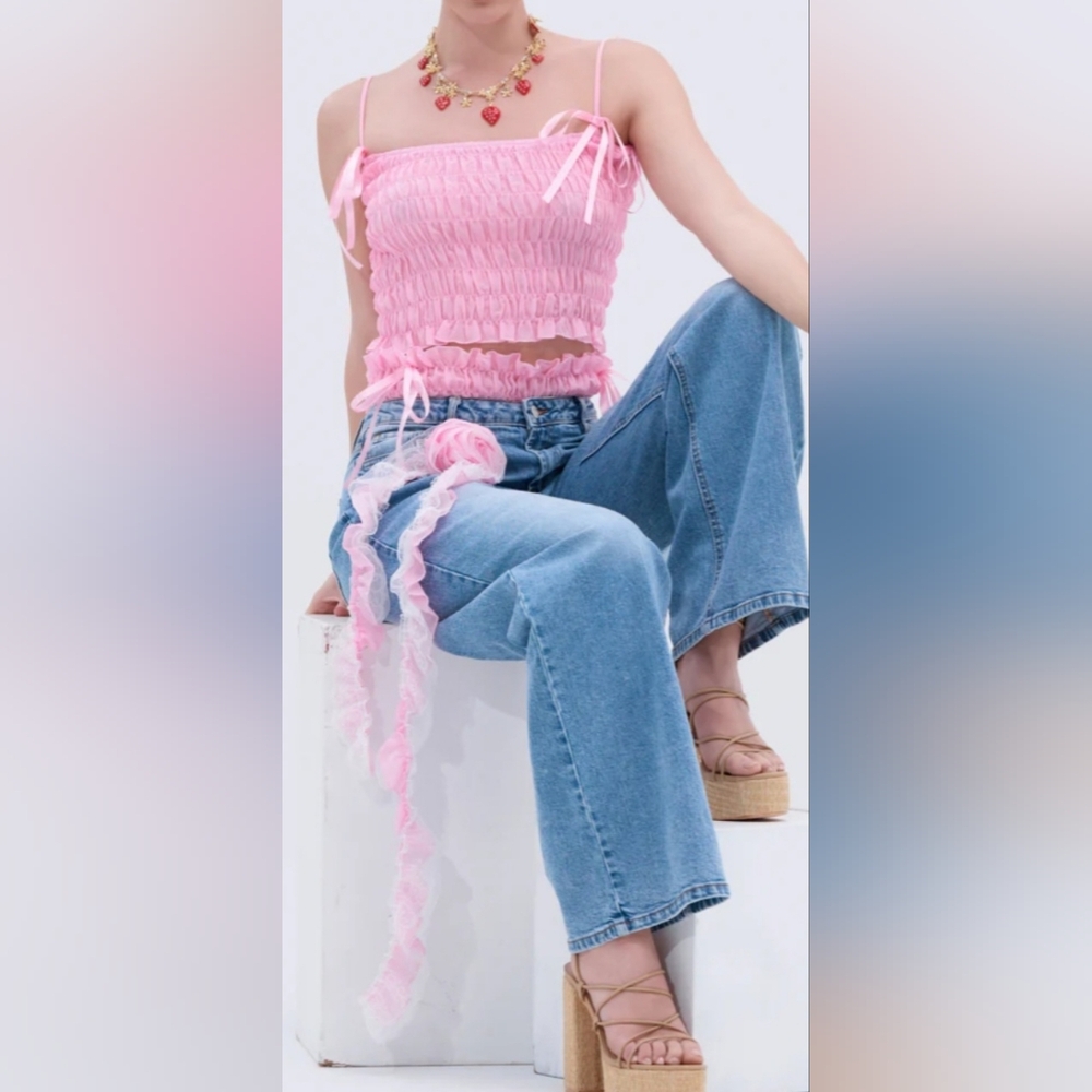 AKIRA CALL ME RELAXED DENIM PANT WITH RUFFLES